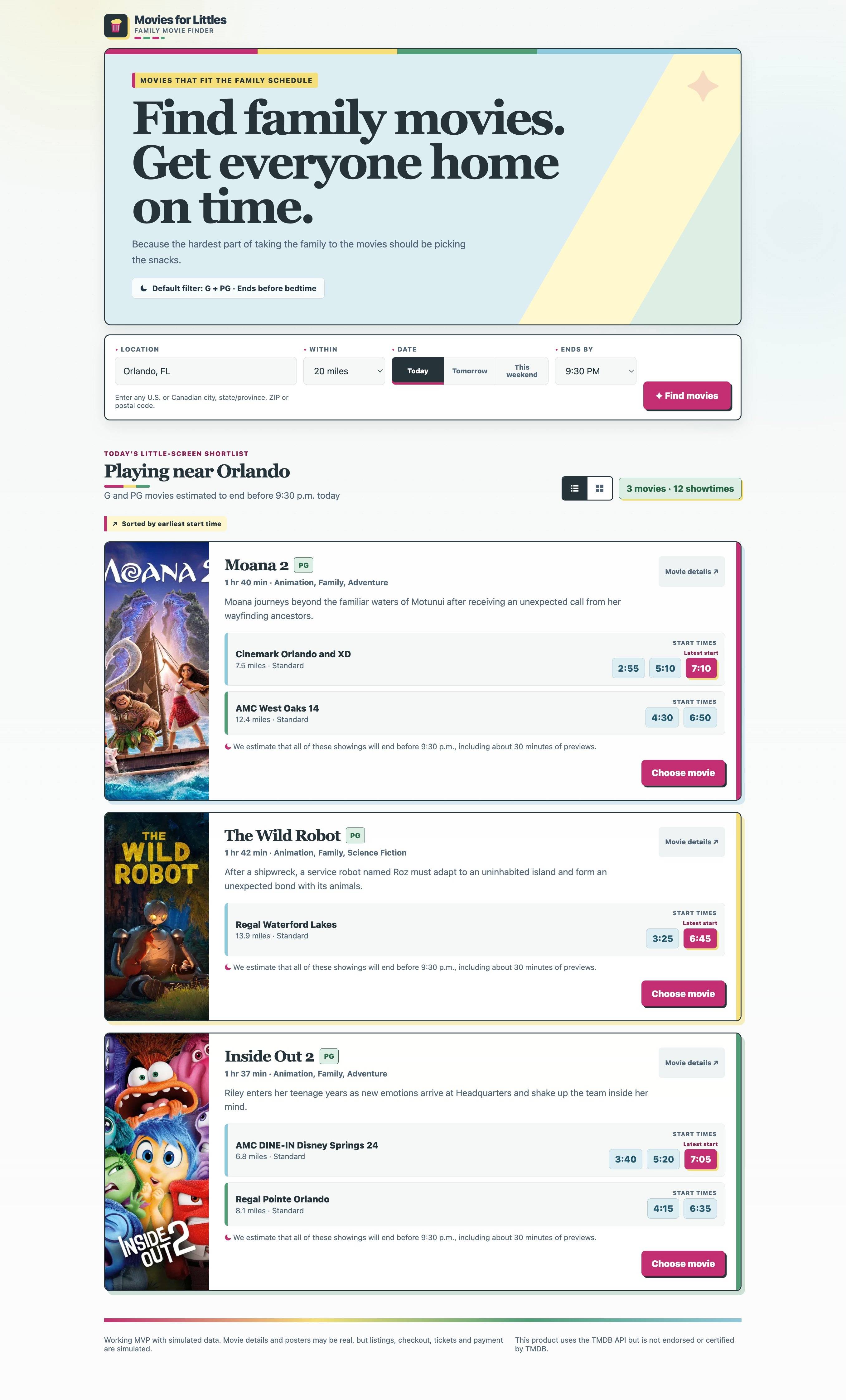 Movies for Littles desktop interface showing a family movie search, an Ends by filter, G and PG results, theaters and qualifying showtimes.