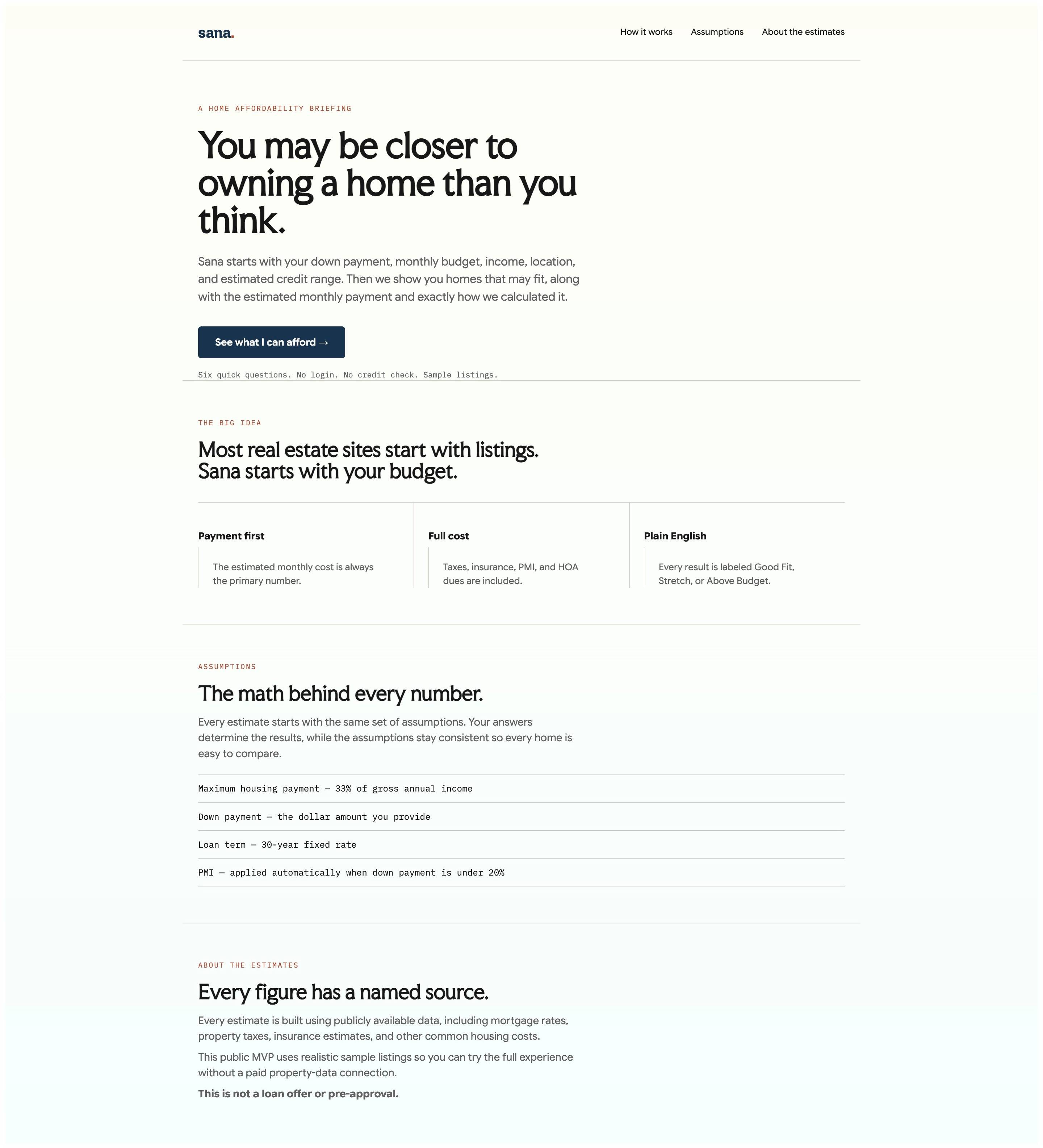 Sana landing page explaining a payment-first home affordability experience, full monthly cost, plain-English labels, assumptions, and named data sources.